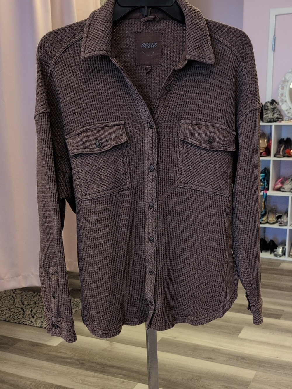 aerie Waffle Knit Button-Down Shirt in Brown